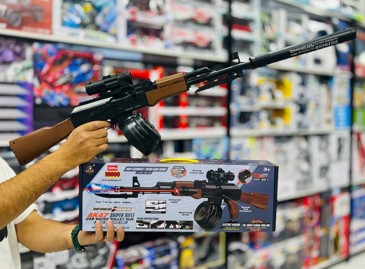 تفنگ تیر ژله‌ای شارژی AK47 سوپر رایفل با دوربین، خشاب درام و صداخفه‌کن